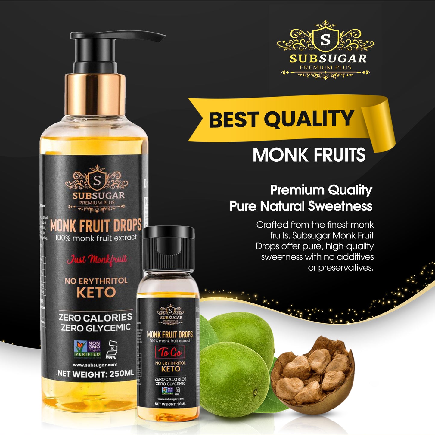 Subsugar Monk Fruit Sweetener Liquid, 250 ml, with Pump