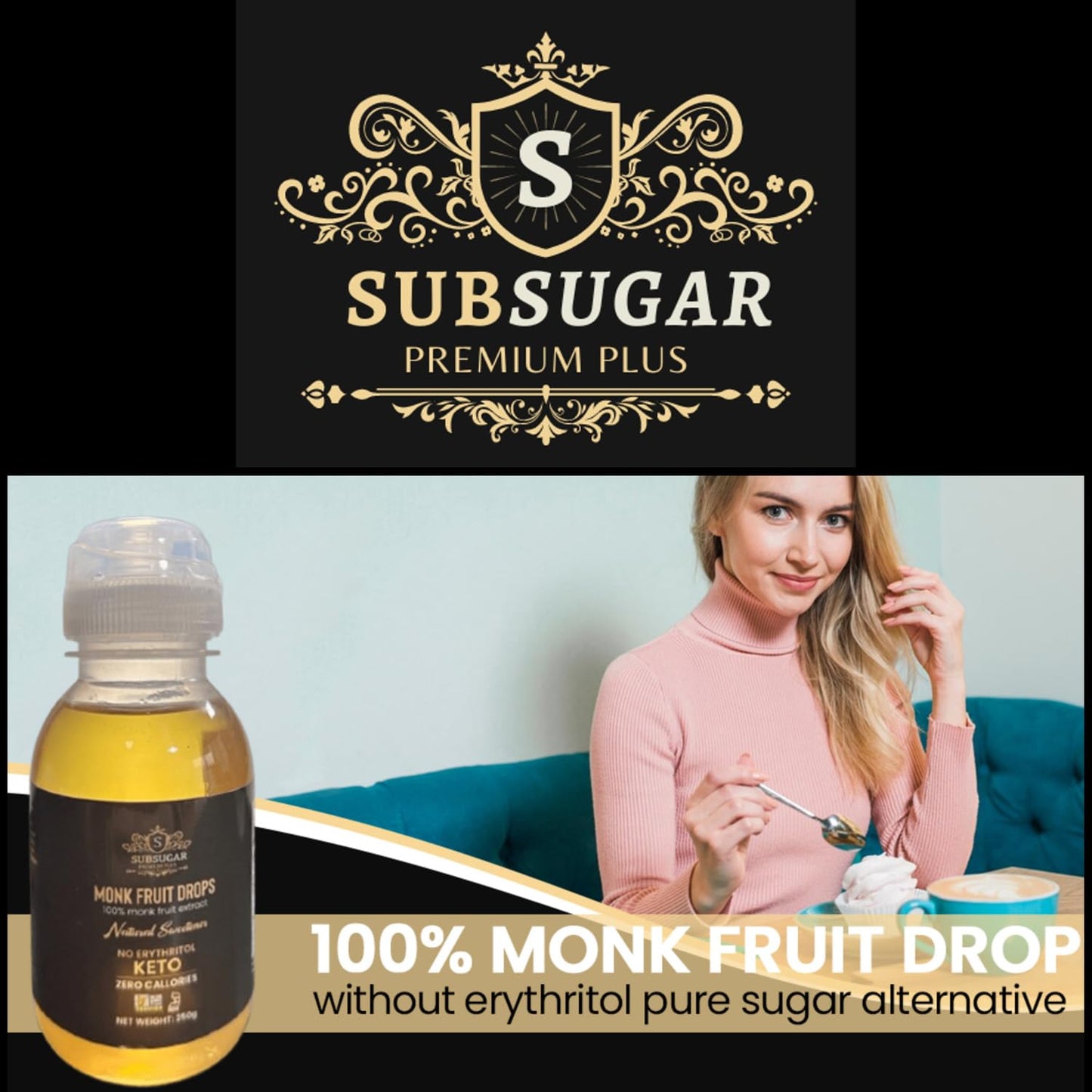 SubSugar 100% Monk Fruit Drops -about 8.5 oz of Pure Liquid Monk Fruit Sweetener No Erythritol Sugar Alternative Concentrated Syrup Zero Calorie Sugar Free for diabetes & Keto Food Kosher
