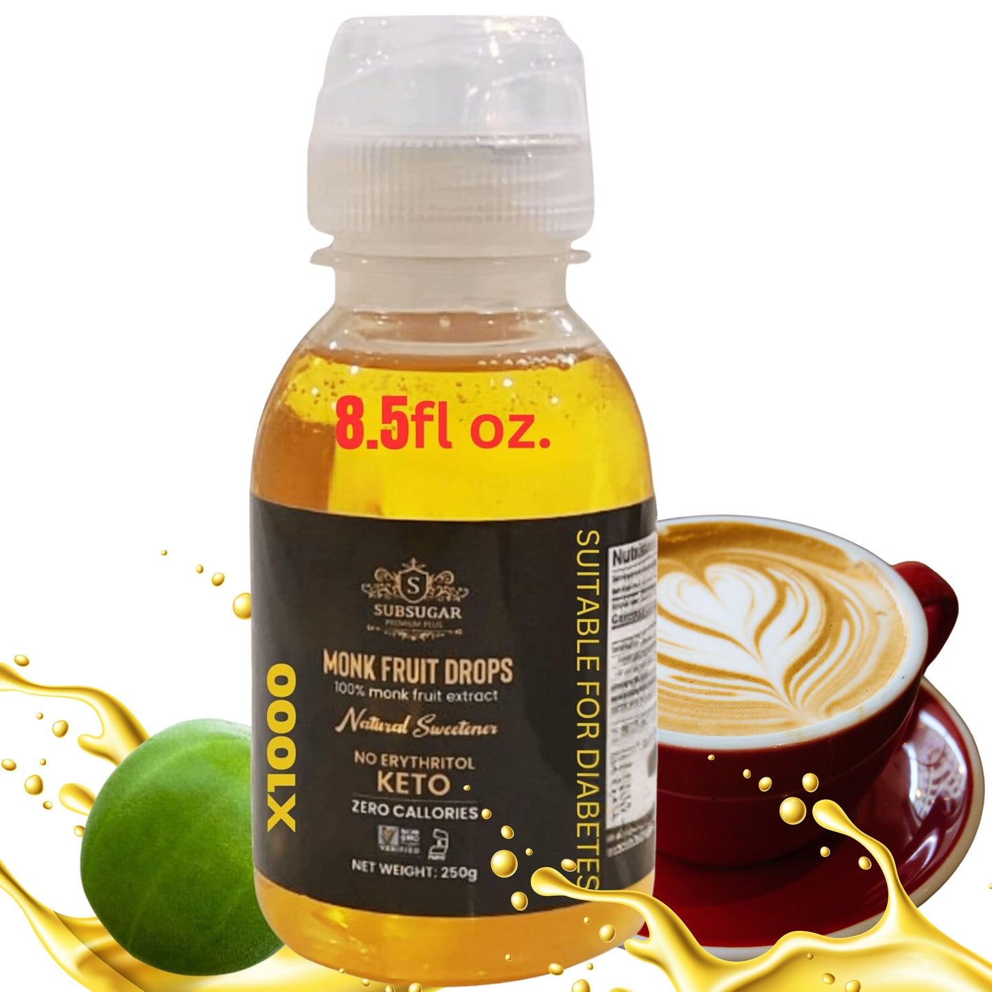 SubSugar 100% Monk Fruit Drops -about 8.5 oz of Pure Liquid Monk Fruit Sweetener No Erythritol Sugar Alternative Concentrated Syrup Zero Calorie Sugar Free for diabetes & Keto Food Kosher