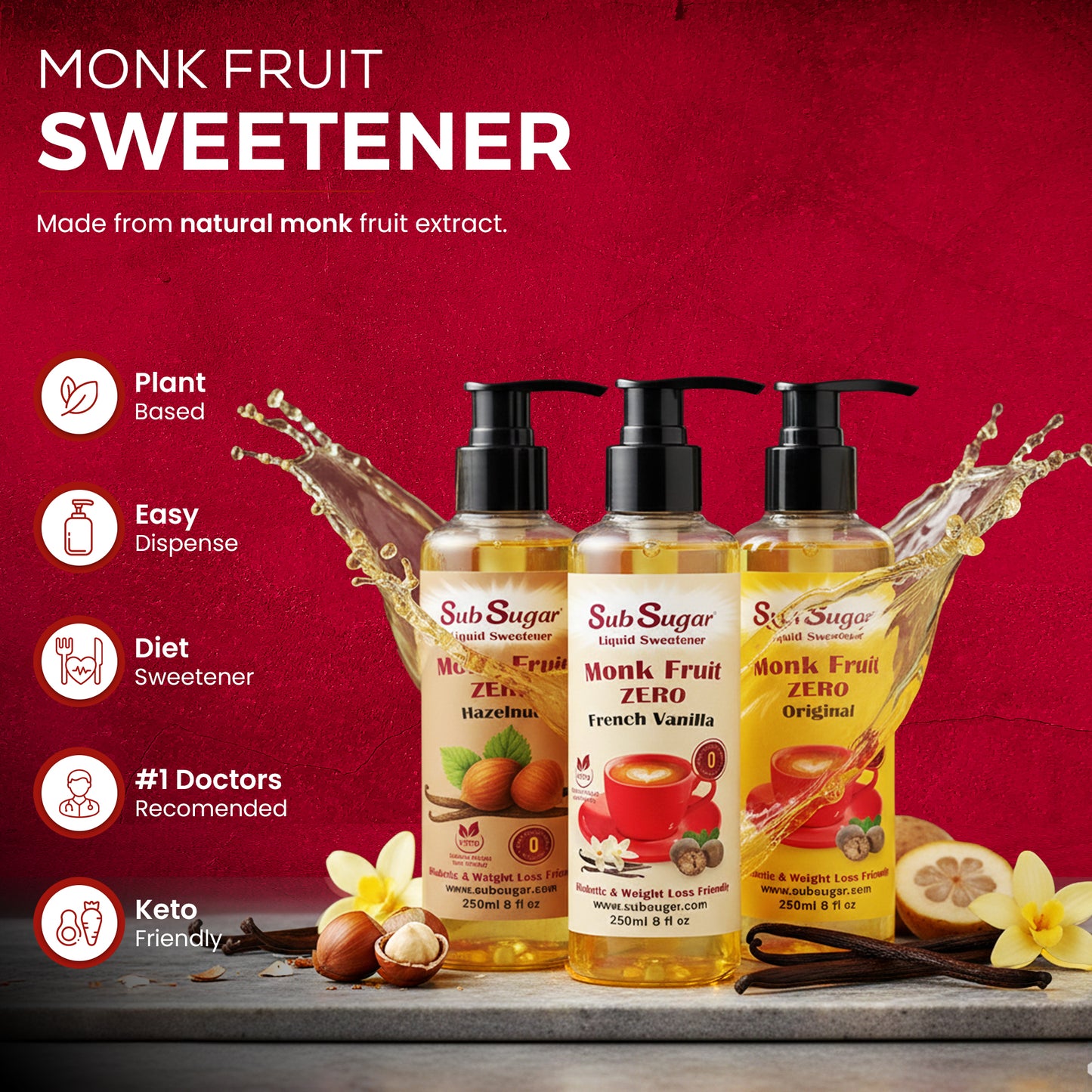 New! SubSugar Monk Fruit Sweetener Syrup, Hazelnut Flavor, Pump Bottle, 8 oz