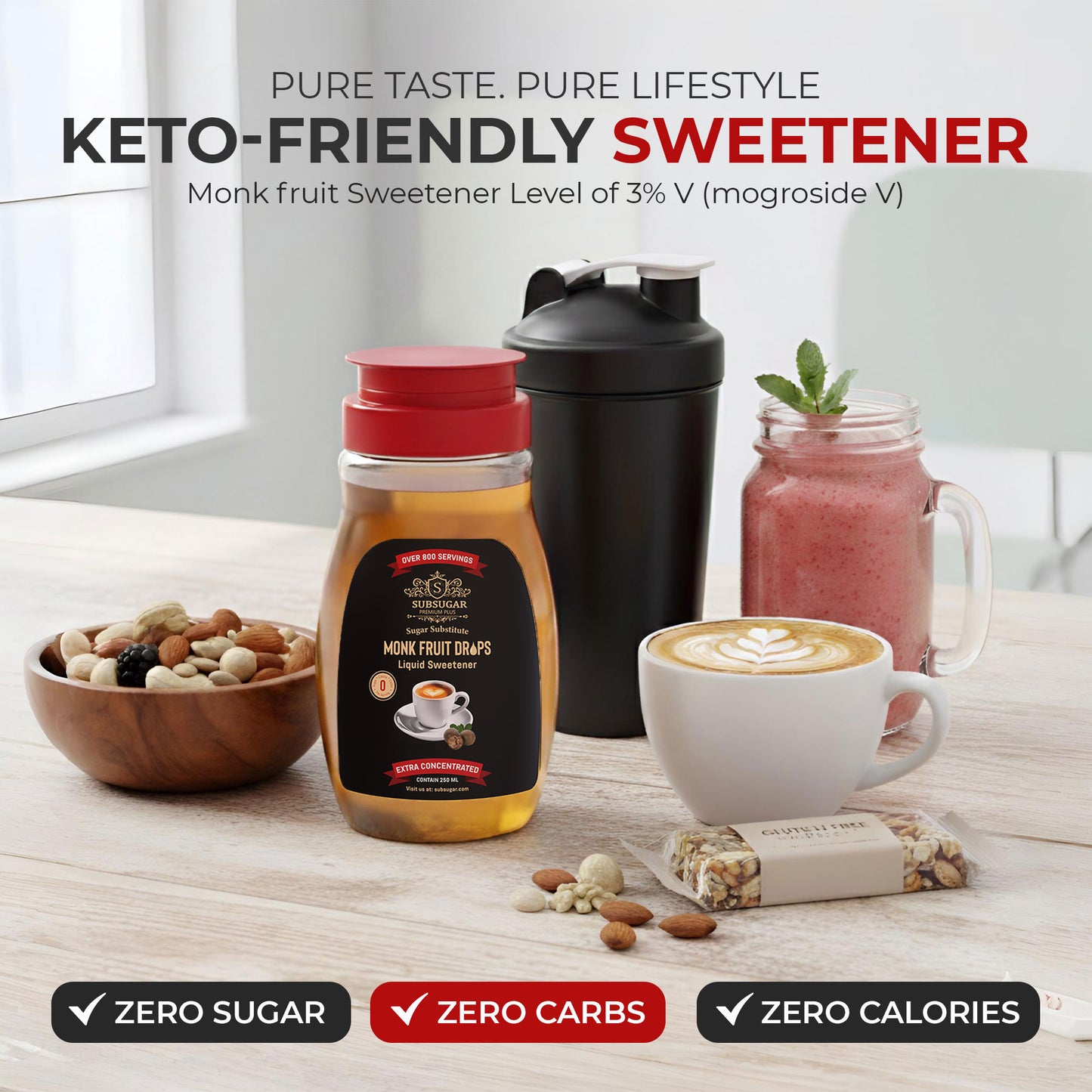 New! SubSugar  Monk Fruit Drops -  Liquid Monk Fruit Sweetener No Erythritol Sugar Alternative Concentrated Syrup Zero Calorie Sugar Free for diabetes & Keto Food Kosher