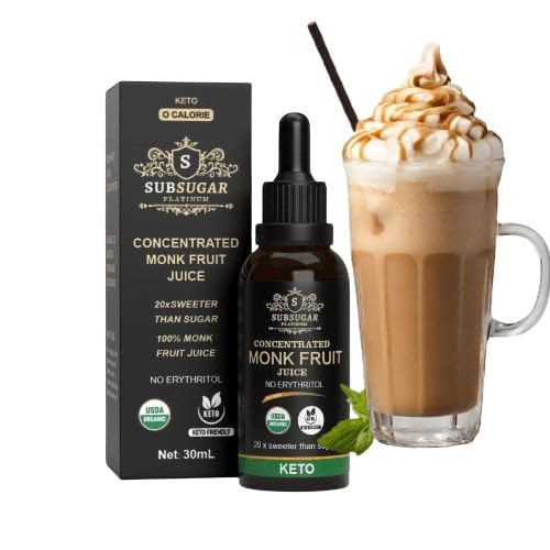 SubSugar Pure Concentrated Monkfruit Liquid Sweetener Drops no Erythritol Made with 100% Monk fruit juice , Zero Glycemic, Zero Calories, Sugar Free, Keto Diet Friendly for Coffee and Snacks Organic by USDA PLAIN, (30ML) Sub Sugar Monk Drops