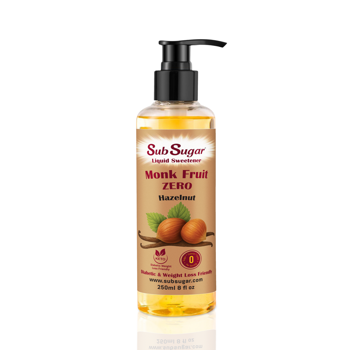 New! SubSugar Monk Fruit Sweetener Syrup, Hazelnut Flavor, Pump Bottle, 8 oz