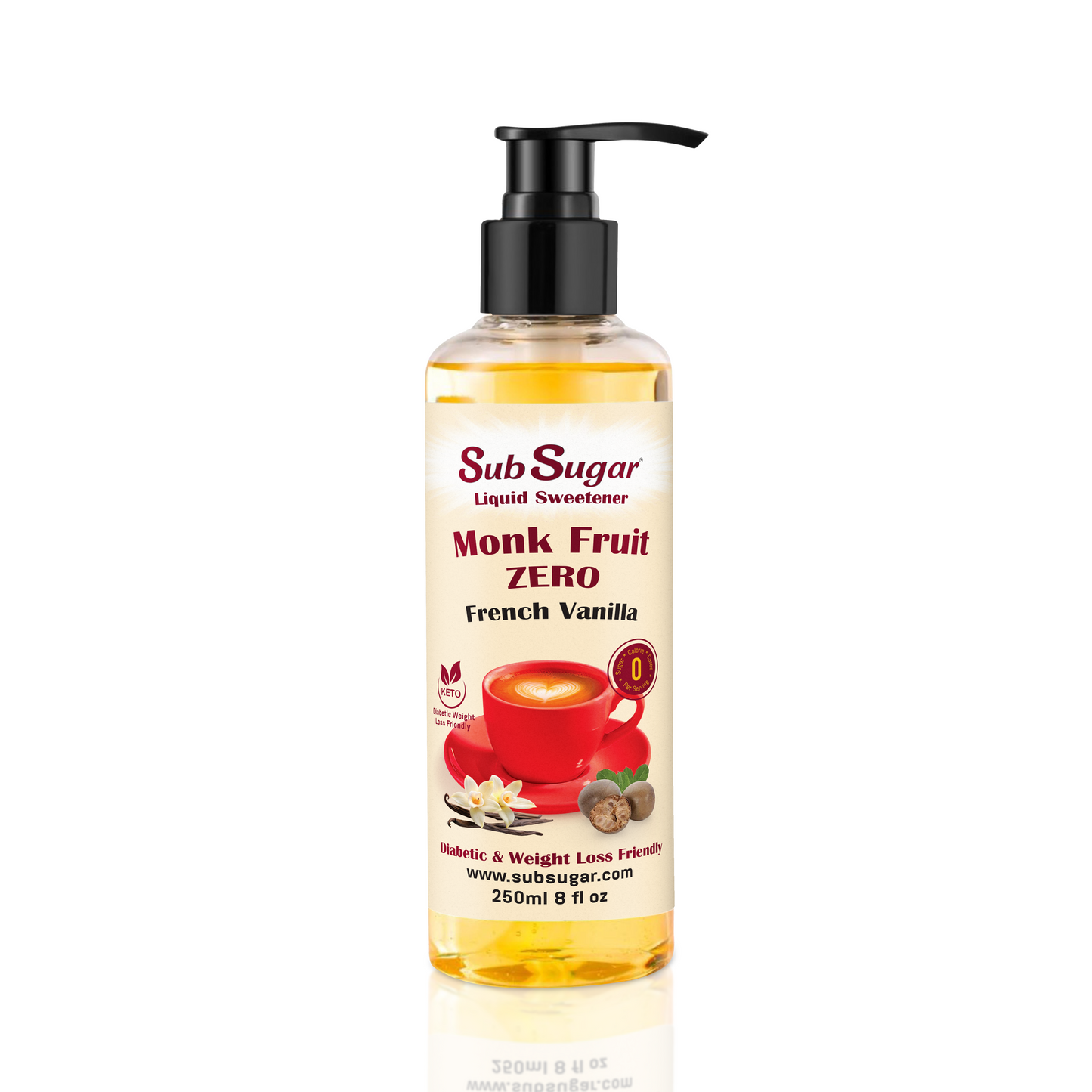 New! SubSugar Monk Fruit Sweetener Syrup, French vanilla Flavor, Pump Bottle, 8 oz