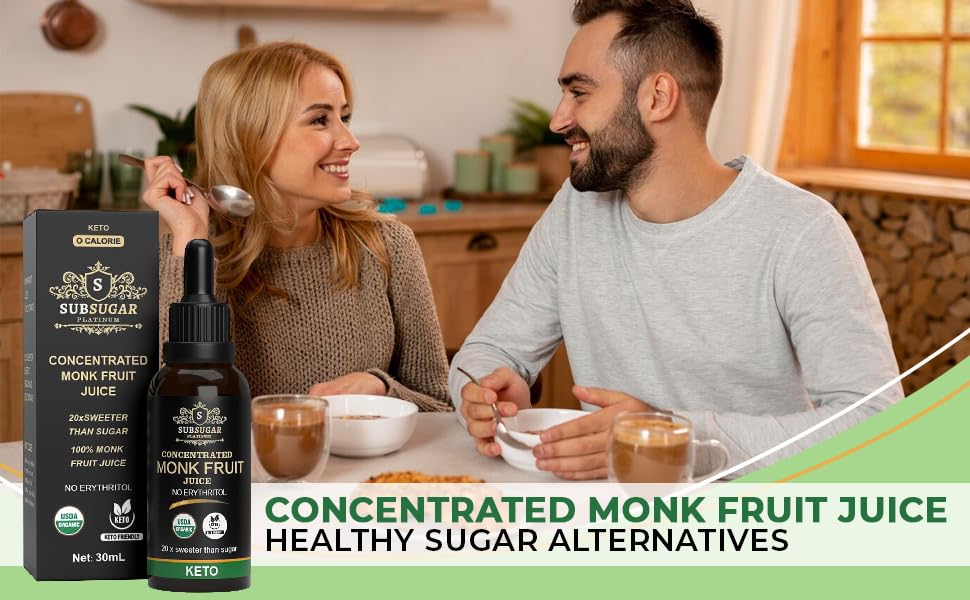 SubSugar Pure Concentrated Monkfruit Liquid Sweetener Drops no Erythritol Made with 100% Monk fruit juice , Zero Glycemic, Zero Calories, Sugar Free, Keto Diet Friendly for Coffee and Snacks Organic by USDA PLAIN, (30ML) Sub Sugar Monk Drops