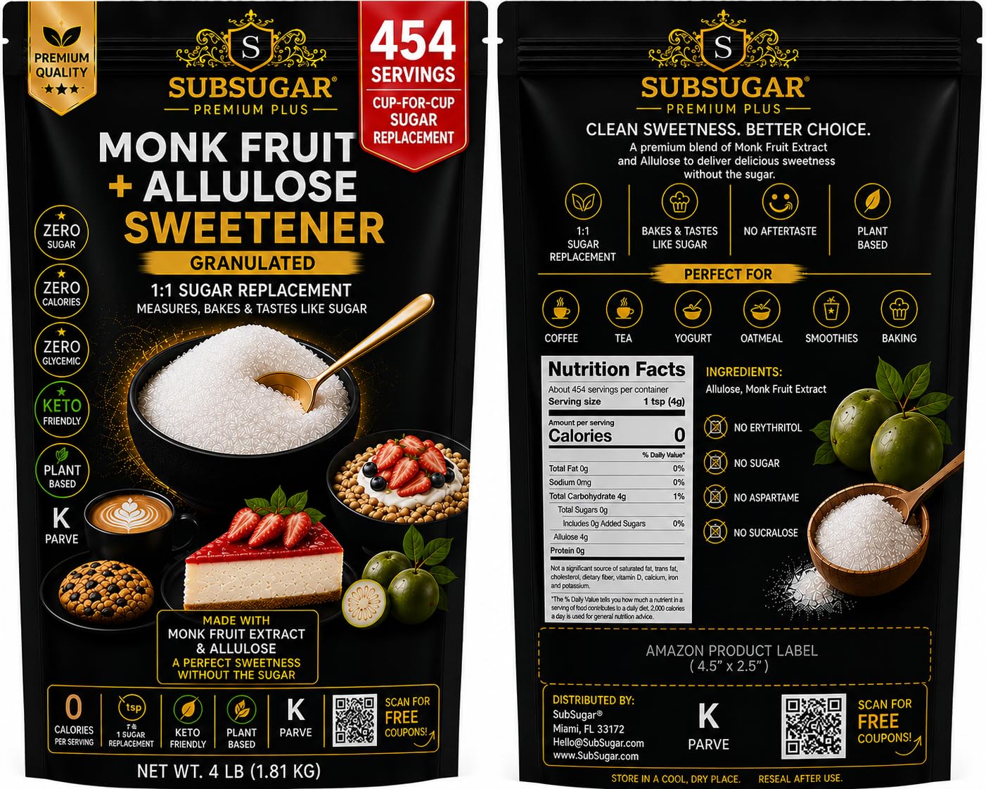 SubSugar Monk Fruit + Allulose Sweetener Granulated 4 LB, 1:1 Sugar Replacement, Keto Friendly Sugar Substitute, Zero Sugar, Zero Calorie, No Erythritol, Cup-for-Cup Baking Sweetener