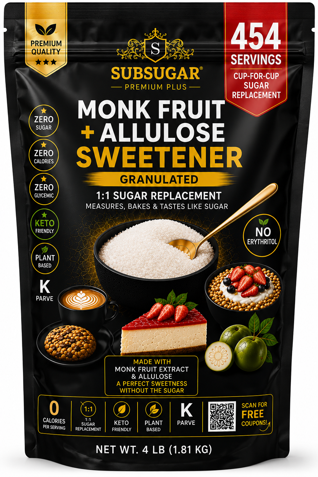 SubSugar Monk Fruit + Allulose Sweetener Granulated 4 LB, 1:1 Sugar Replacement, Keto Friendly Sugar Substitute, Zero Sugar, Zero Calorie, No Erythritol, Cup-for-Cup Baking Sweetener