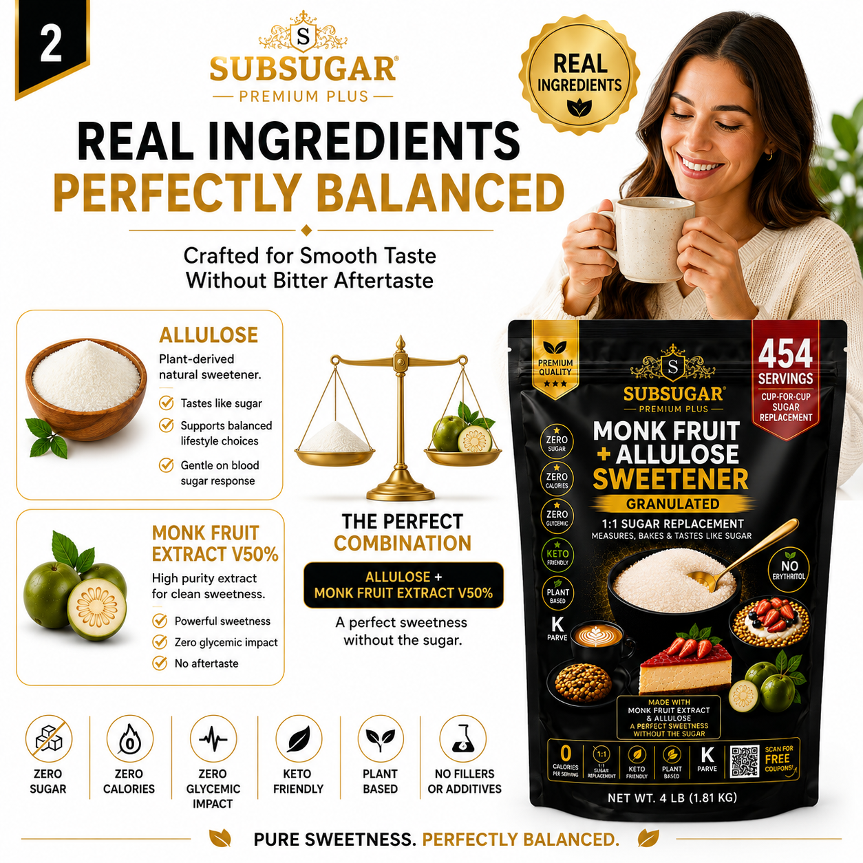 SubSugar Monk Fruit + Allulose Sweetener Granulated 4 LB, 1:1 Sugar Replacement, Keto Friendly Sugar Substitute, Zero Sugar, Zero Calorie, No Erythritol, Cup-for-Cup Baking Sweetener
