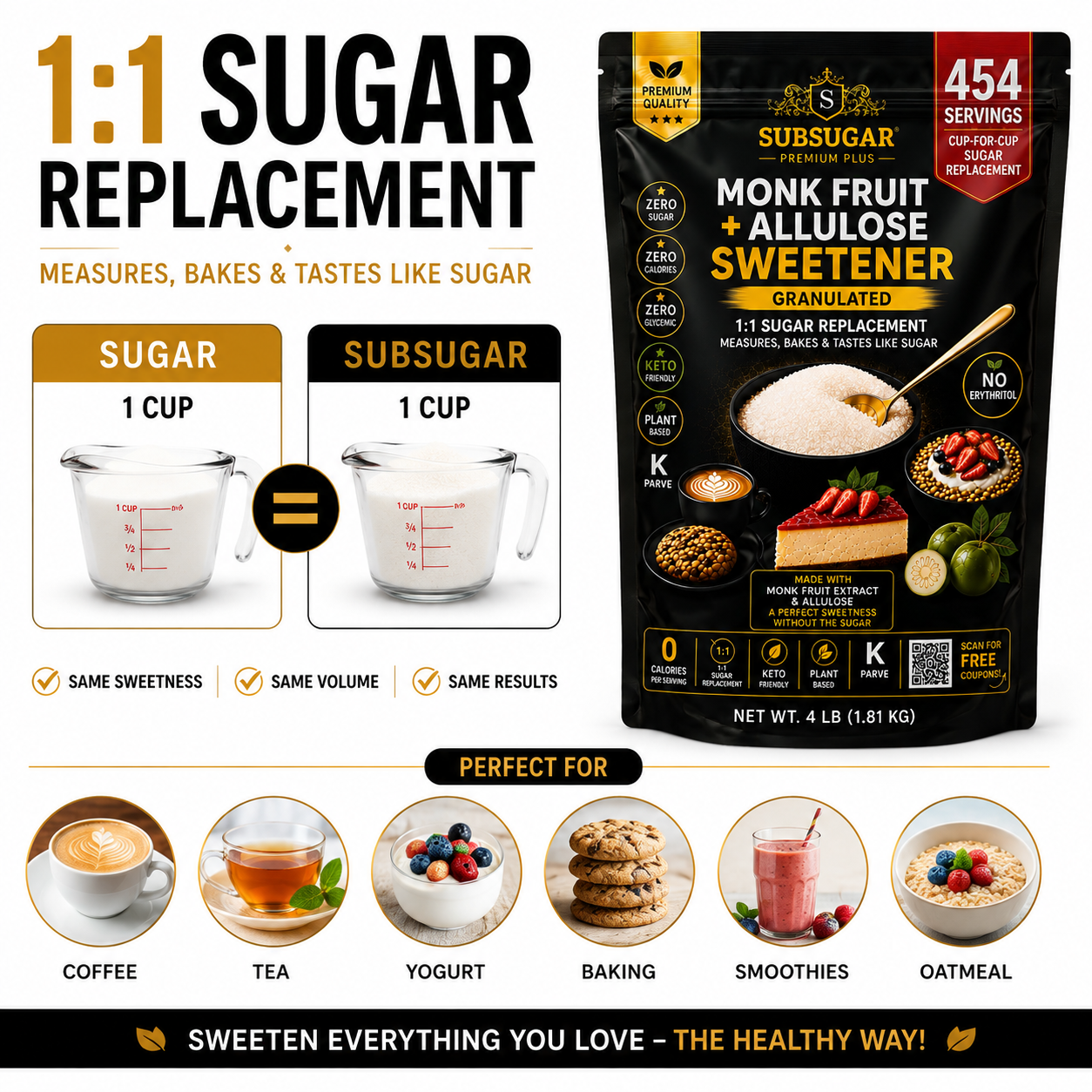 SubSugar Monk Fruit + Allulose Sweetener Granulated 4 LB, 1:1 Sugar Replacement, Keto Friendly Sugar Substitute, Zero Sugar, Zero Calorie, No Erythritol, Cup-for-Cup Baking Sweetener